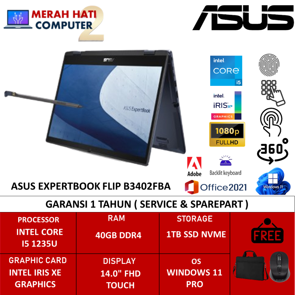 Laptop Asus Expertbook Flip B3402FBA Intel Core I5 1235U 40GB 1TB 14.0 FHD Touch PEN WIN11