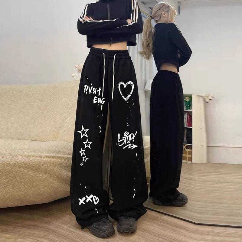 Celana Panjang Wanita Motif Graffiti Love Celana Jogger  Celana Panjang Pants Celana Wanita Kulot
