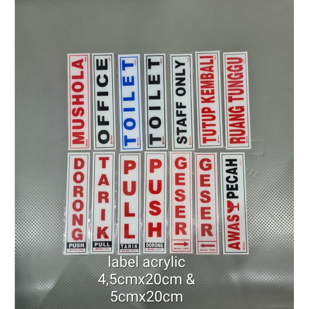 

Acrylic label (SD) 4,5x20cm & 5x20cm Tarik, Dorong, Toilet Dll