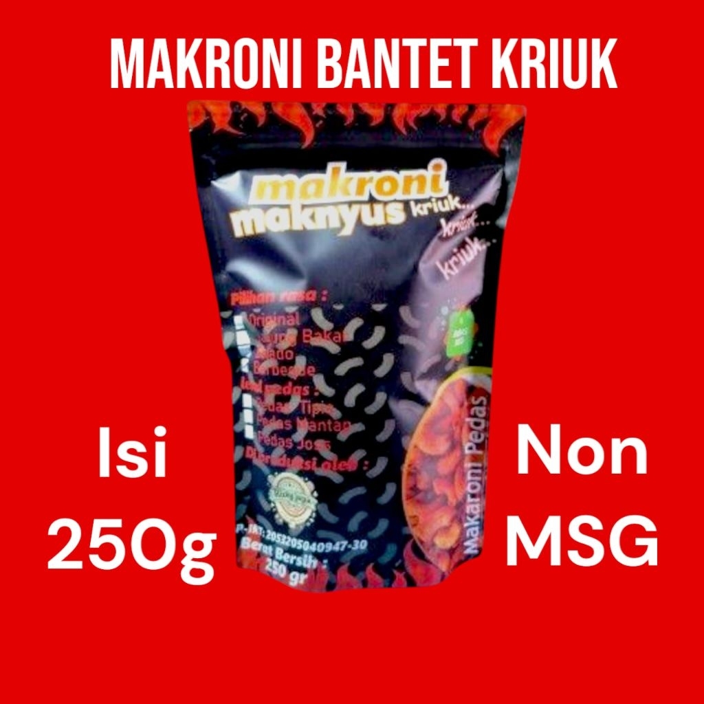 

Makroni Bantet Pedas isi 250 g tekstur Kriuk Rasa Balado pedas Mantap non MSG