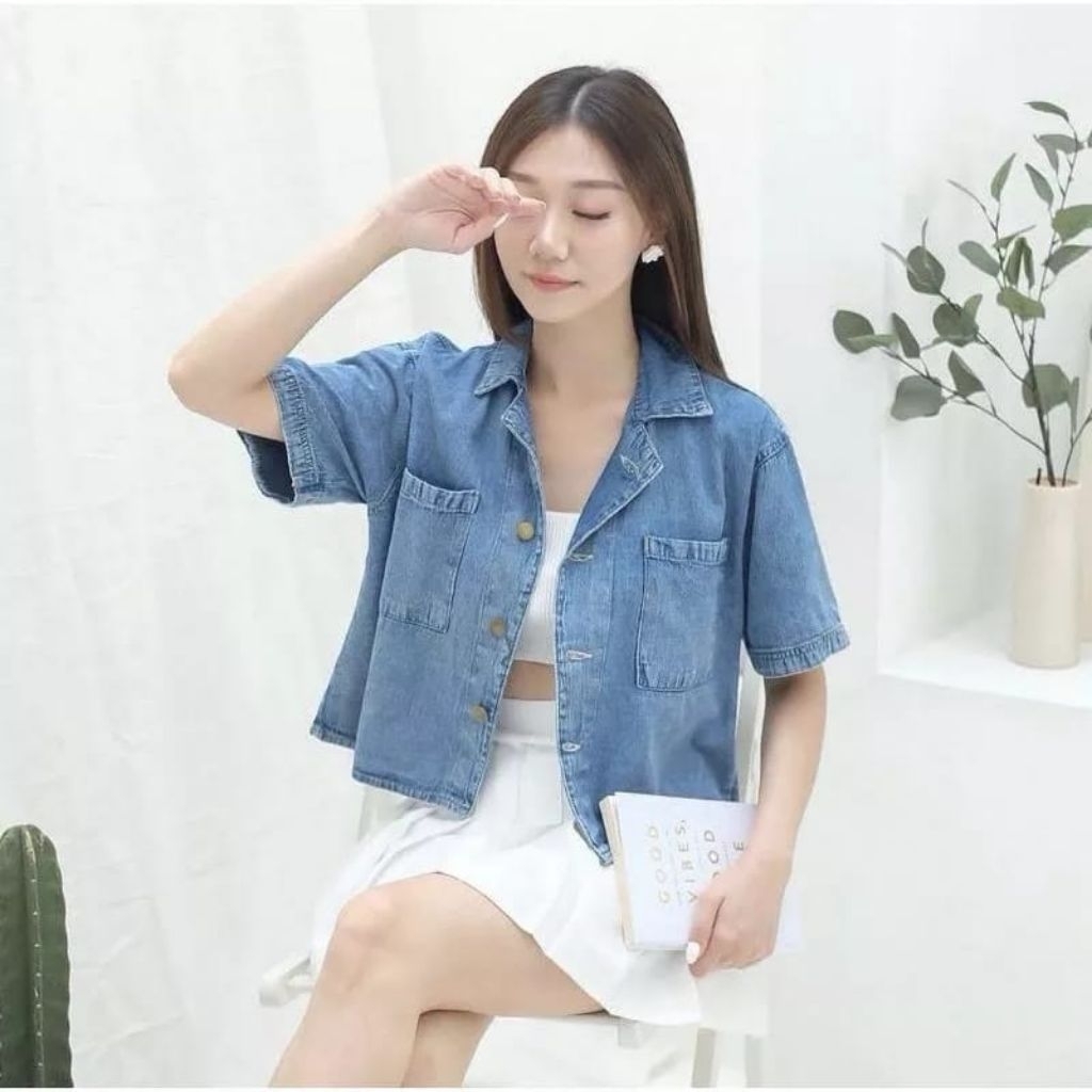 Atasan Kemeja Wanita Jeans Tebal Jumbo Ld 120 Cm Korean Style