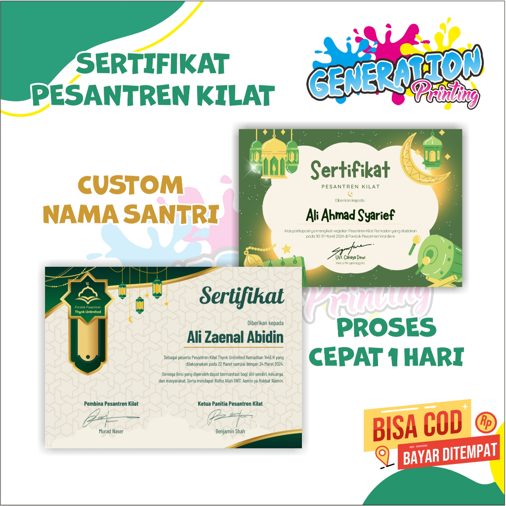 

Sertifikat Pesantren Kilat, Diklat, Pidato, dan Lomba Keagamaan lainnya Generation Printing