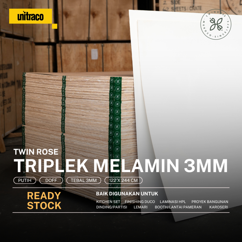 Twin Rose - Triplek Plywood Melamin 3mm (1 muka) Doff/Matte - Ukuran 122 x 244 cm - Putih