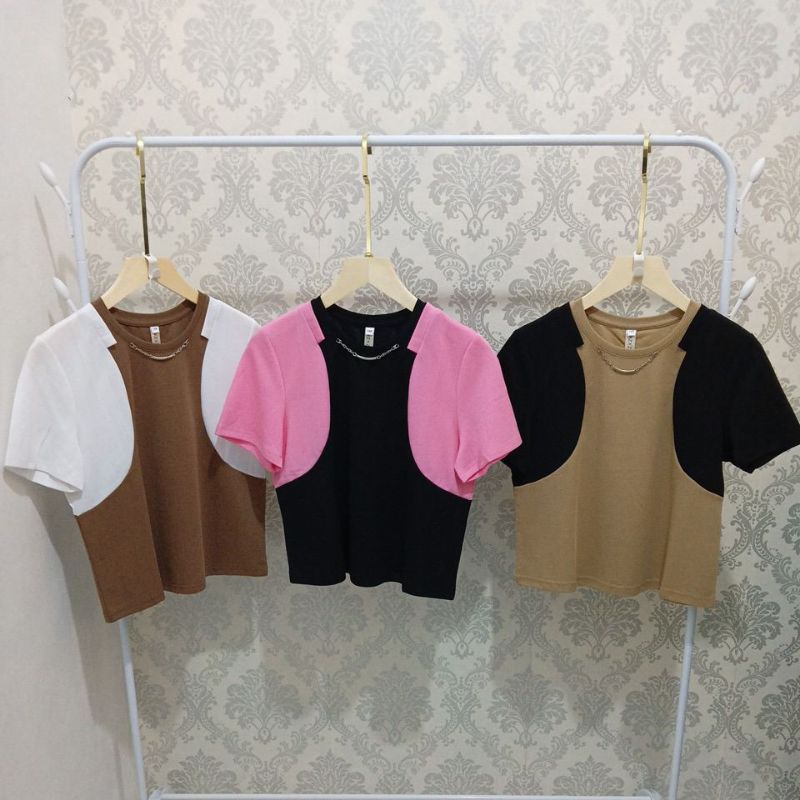 Kaos import wanita lengan pendek semi crop kombinasi 2 warna kalung