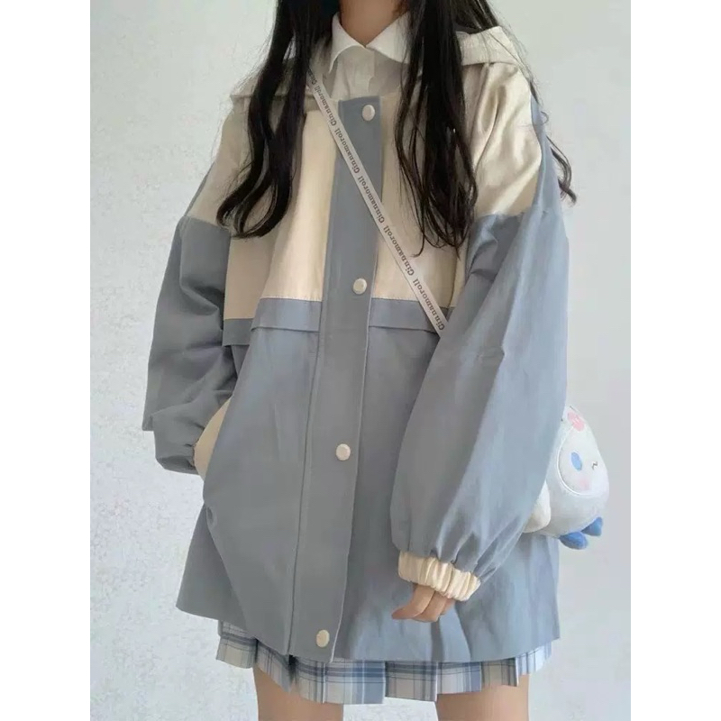 Milky Blue Jacket | MILKTEAS | Jaket Wanita Gaya Korea Jepang Seifuku Kawaii Jaket Oversize Biru Mud