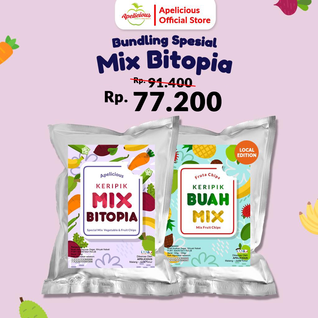 

Apelicious Bundling Spesial Keripik Mix Bitopia + Keripik Buah Mix Lokal 100gr - Food, Snack, Chips, Kripik
