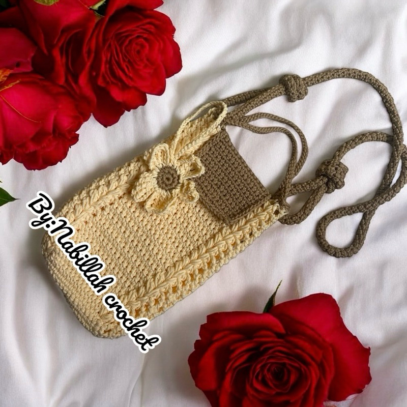 TAS RAJUT PHONE BAG TALI SERUT + GANTUNGAN BUNGA
