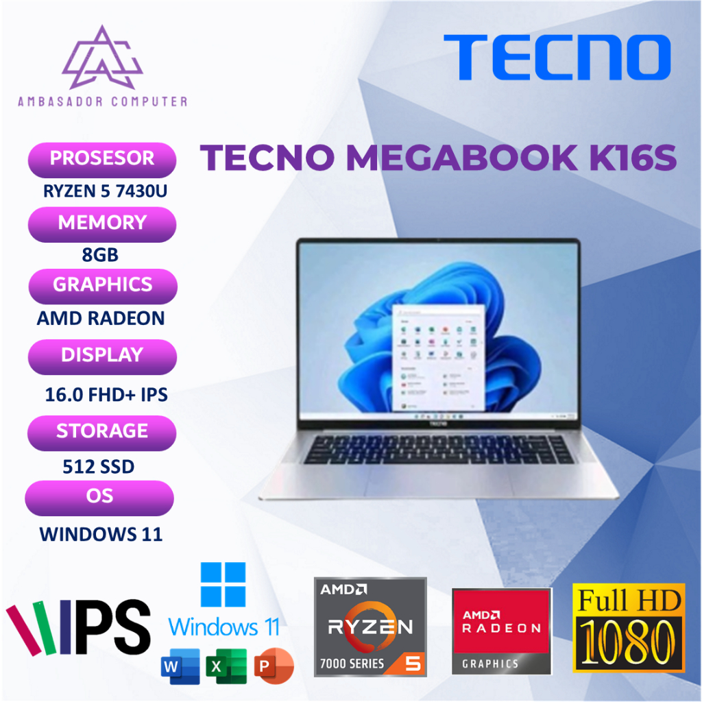 Tecno Megabook K16S Ryzen 5 7430U 16GB 512GB Windows11 OHS Fhd IPS