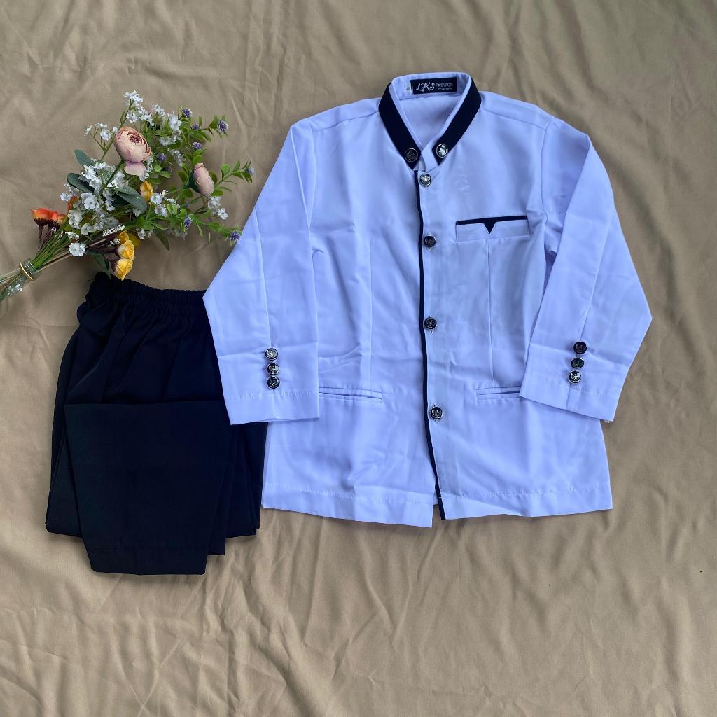 Baju Koko Anak - Setelan Koko Anak - Jasko Anak Baju Koko Putih Celana Hitam