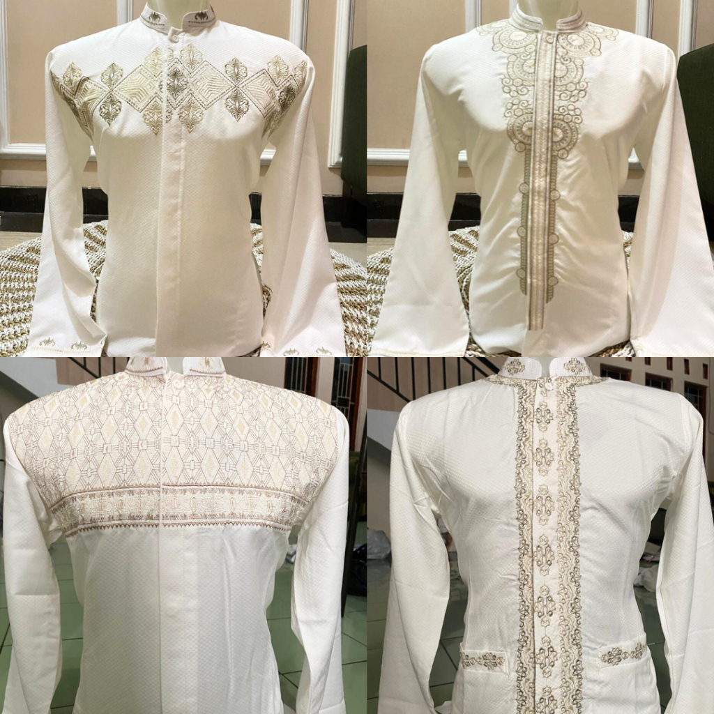 Baju koko muslim bordir lengan panjang putih tulang bahan sutra kenzi jaguar