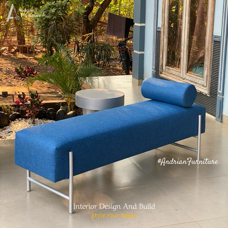 Bench Sofa Lounge Minimalis Industrial Besi Modern Fabric Blue