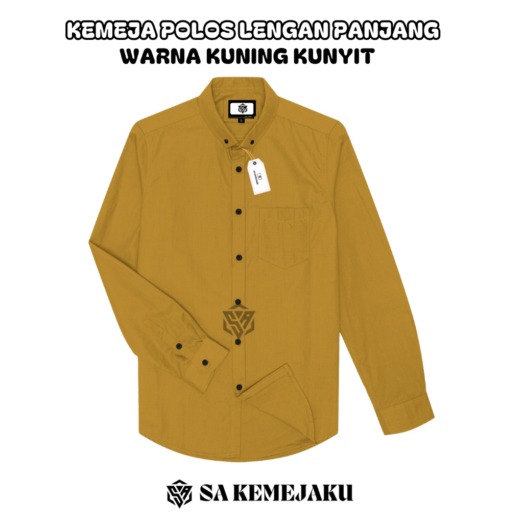 Kemeja Pria Polos mustard kuning kunyit Lengan Panjang Kemeja Cotton Hem pria kemeja casual