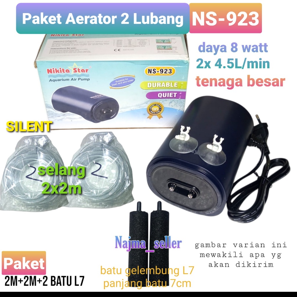 Paket Aerator 2 Lubang NS-923. SILENT, tenaga besar. Daya 8 watt. 2x 4.5L/min. Khusus aquarium atau 