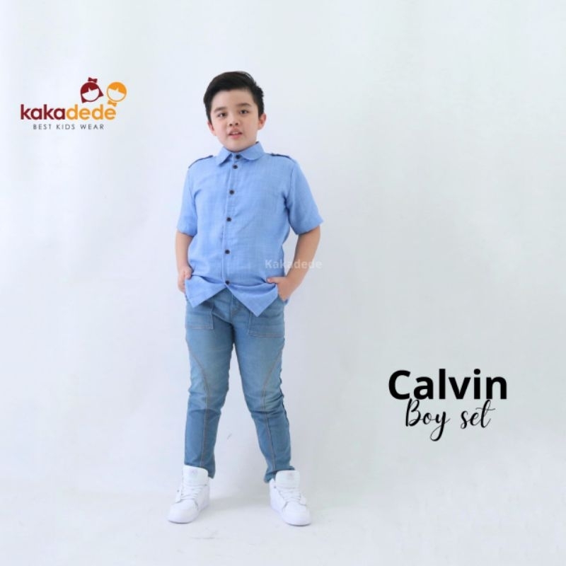 Calvin Boy Set Setelan Kemeja Katun Mix Celana Jeans Anak Kids Junior Laki-laki