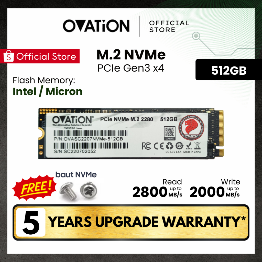OVATION SSD M2 NVME 512GB M.2 PCIe NVMe Gen 3.0 x4 2280 512 GB Internal SSD Garansi 5 TAHUN