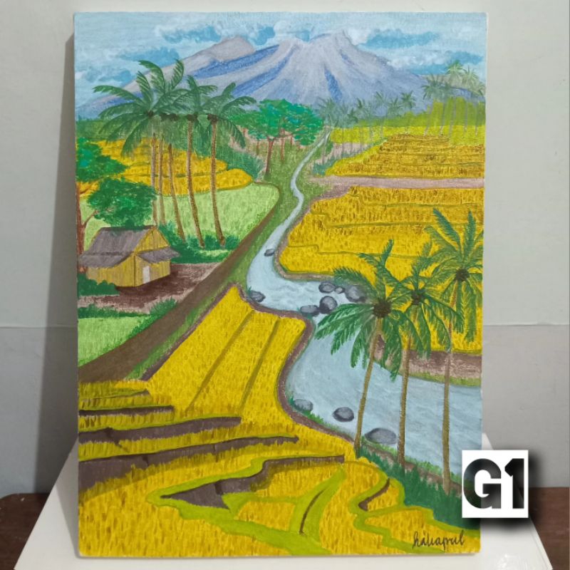 Lukisan Pemandangan Alam Sawah 30x40 Kanvas Akrilik