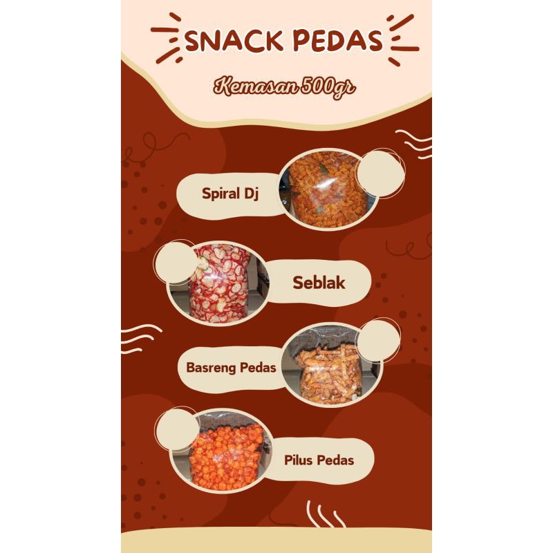 

Snack pedas kemasan 500 gr spiral, basreng, pilus , seblak