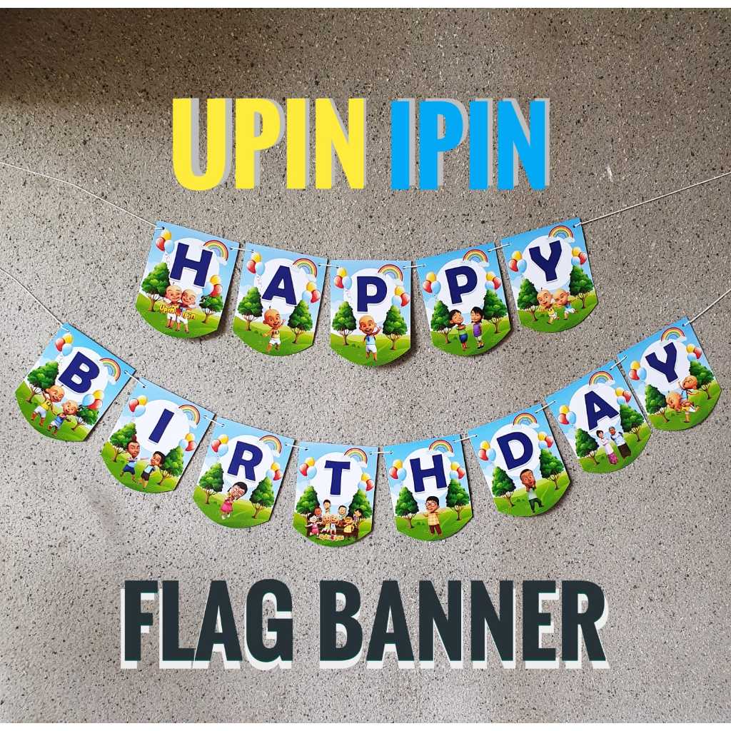 Upin Ipin Flag Banner Bunting Happy Birthday Dekorasi Pesta Hiasan Ulang Tahun Backdrop Spanduk