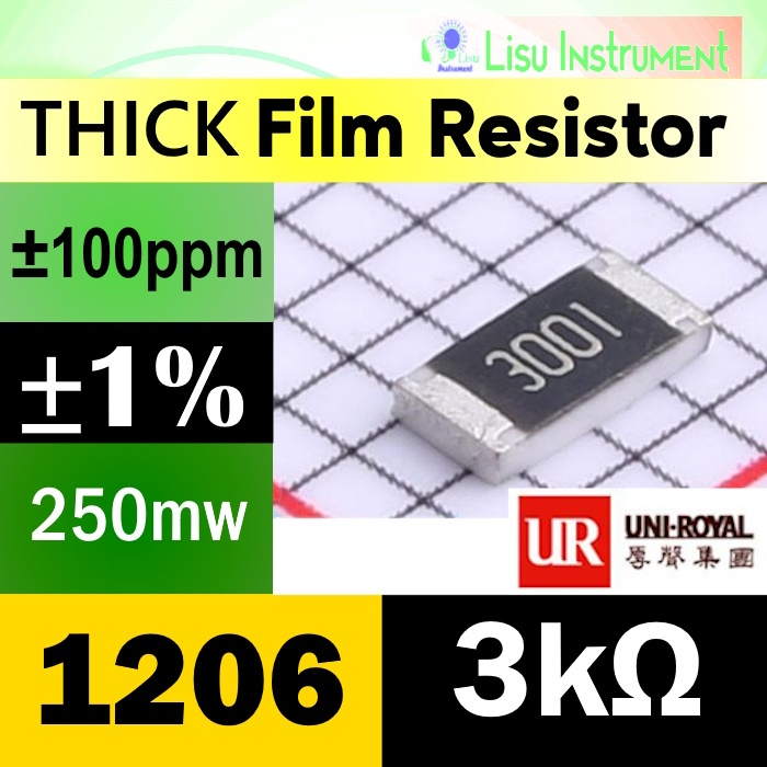 3kΩ 1206 ±1% 250mW Thick Film Resistor SMD 200V ±100ppm/°C 3k 3001 1206W4F3001T5E UNI-ROYAL