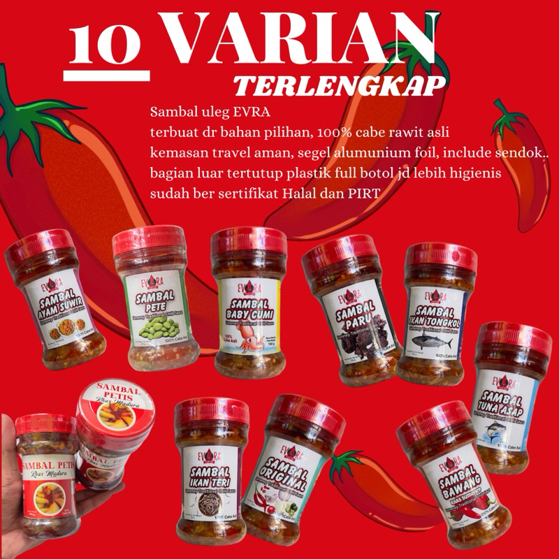 

Sambal uleg EVRA 10 varian terlengkap pedas khas sumenep sambal baby cumi tongkol pete ayam suwir
