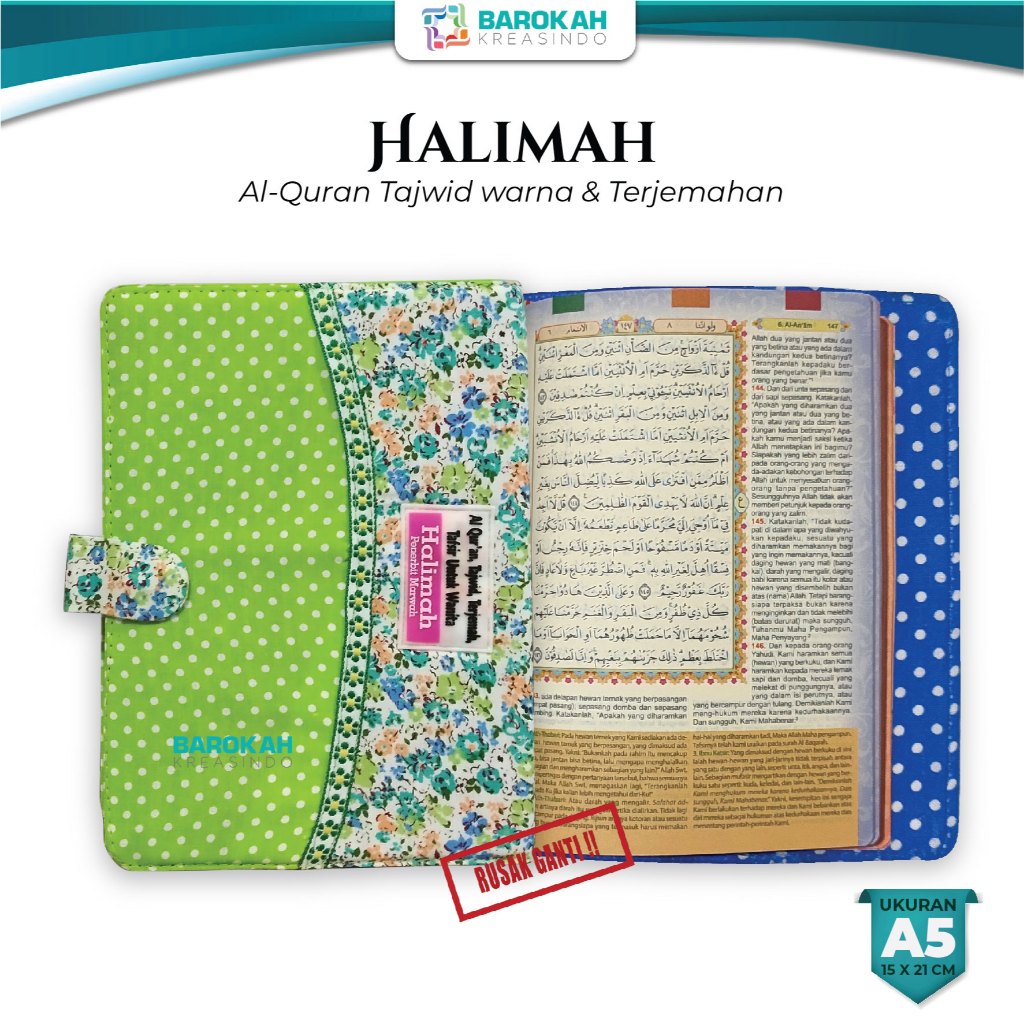 AL QURAN RAINBOW TERJEMAH, QURAN HALIMAH A5 TAJWID WARNA TAFSIR WANITA, ALQURAN HALIMAH A5 PINK