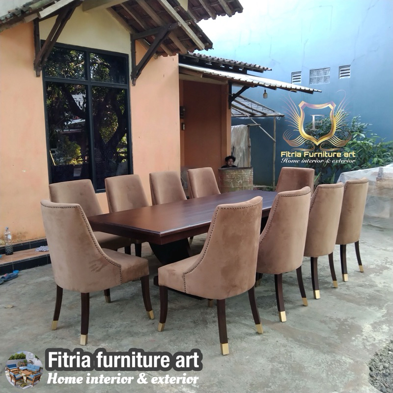 MEJA MAKAN JATI VINTAGE MODERN SET 10 KURSI, MEJA MAKAN CLASIK MINIMALIS KAYU JATI BERKUALITAS