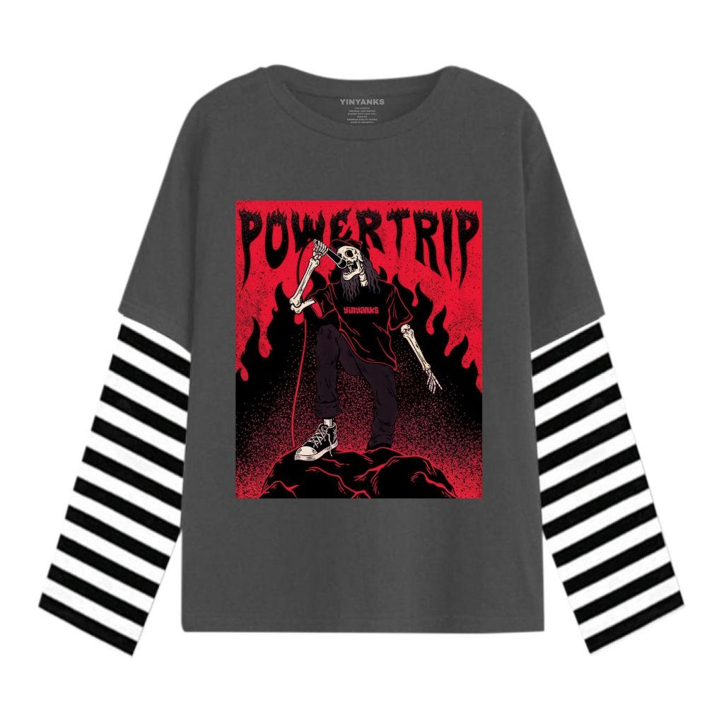 Yinyanks T-shirt Double layer Ynyks Skull power trip kaos long sleeve pria wanita unisex