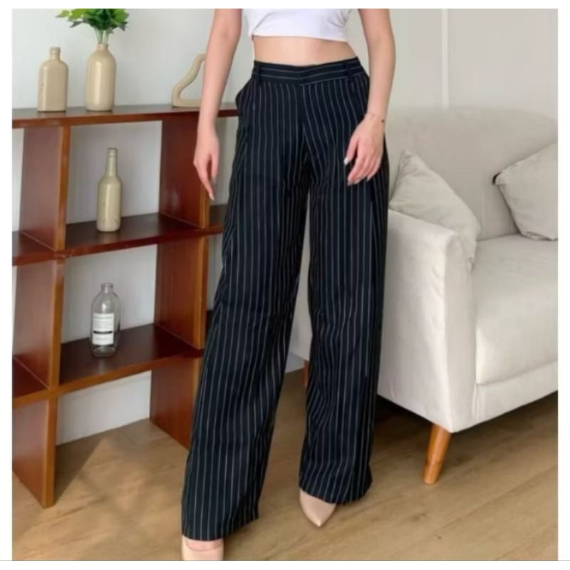 Orro Pants Stripe Kecil Celana Kerja Wanita Kulot Highwaist Ankle Pants