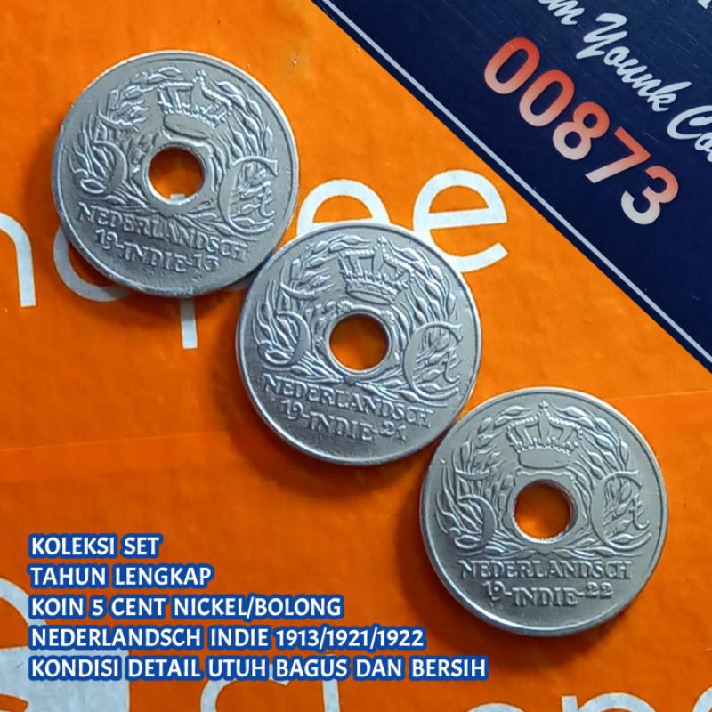 Uang Kuno Koin 5 Cent Nickel/Bolong (Nederlandsch Indie) Set Tahun Lengkap 1913/1921/1922 Detail Utu