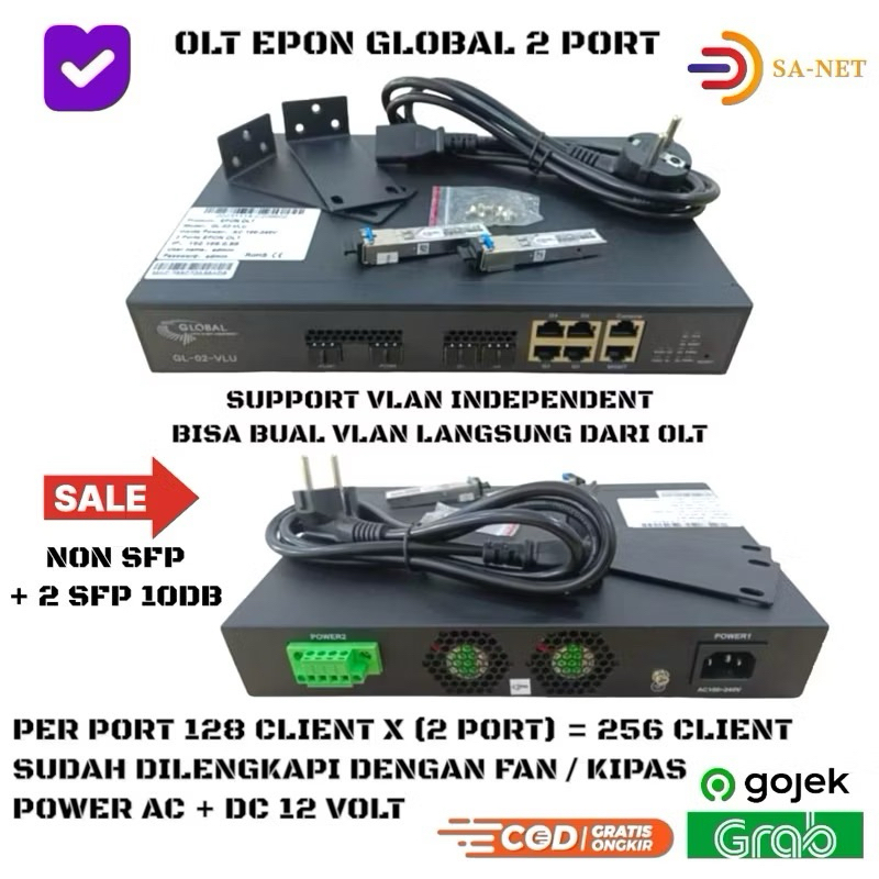 OLT EPON 2 PORT + 2 SFP 10DB 128 CLIENT PER PORT (256 CLIENT) POWER AC + DC 12 VOLT GLOBAL GL-02-128