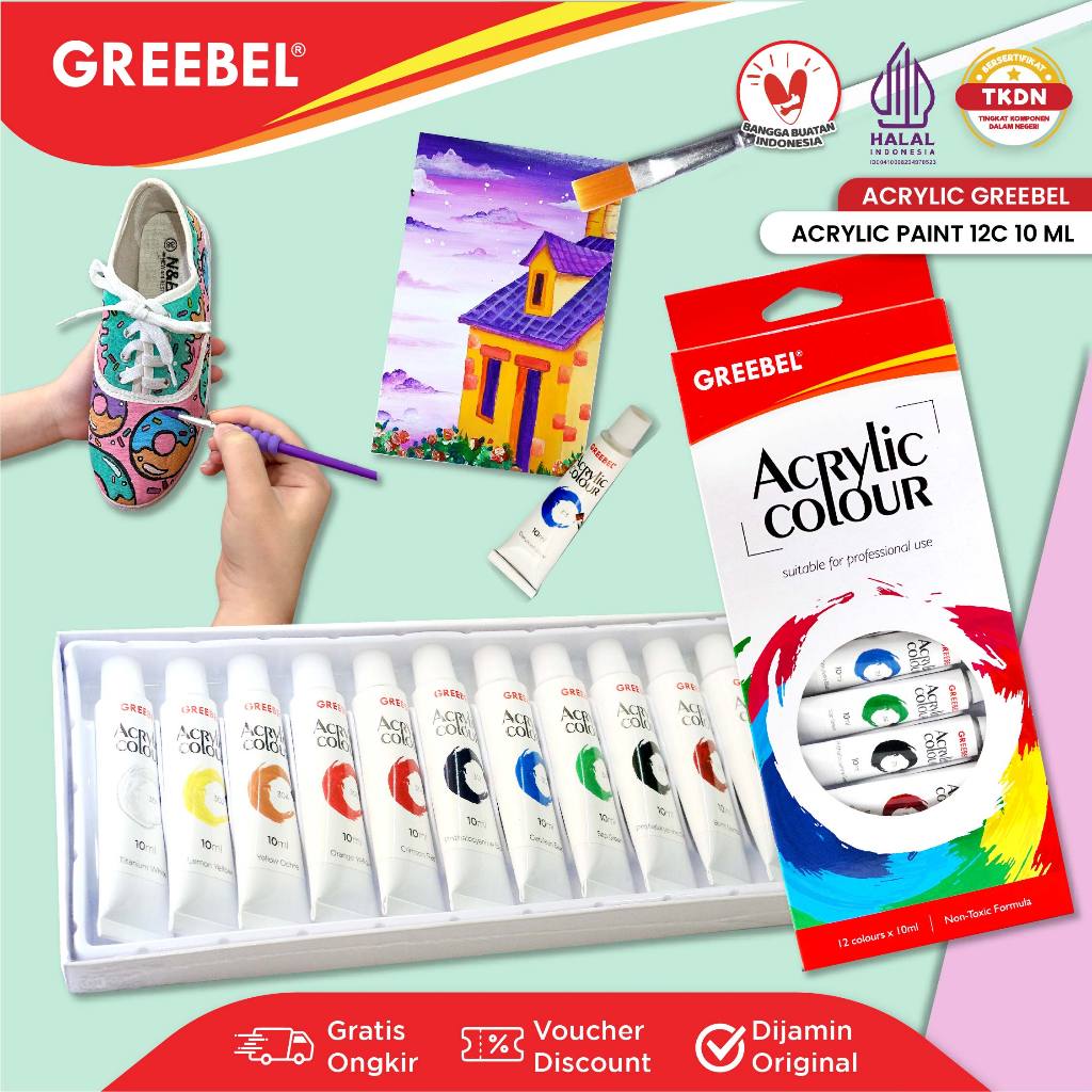 

GREEBEL Paket Cat Lukis Cat Akrilik 12 Warna 6ml (12x6ml) / Acrylic Paint Warna Cerah / Timur Agung Grosir