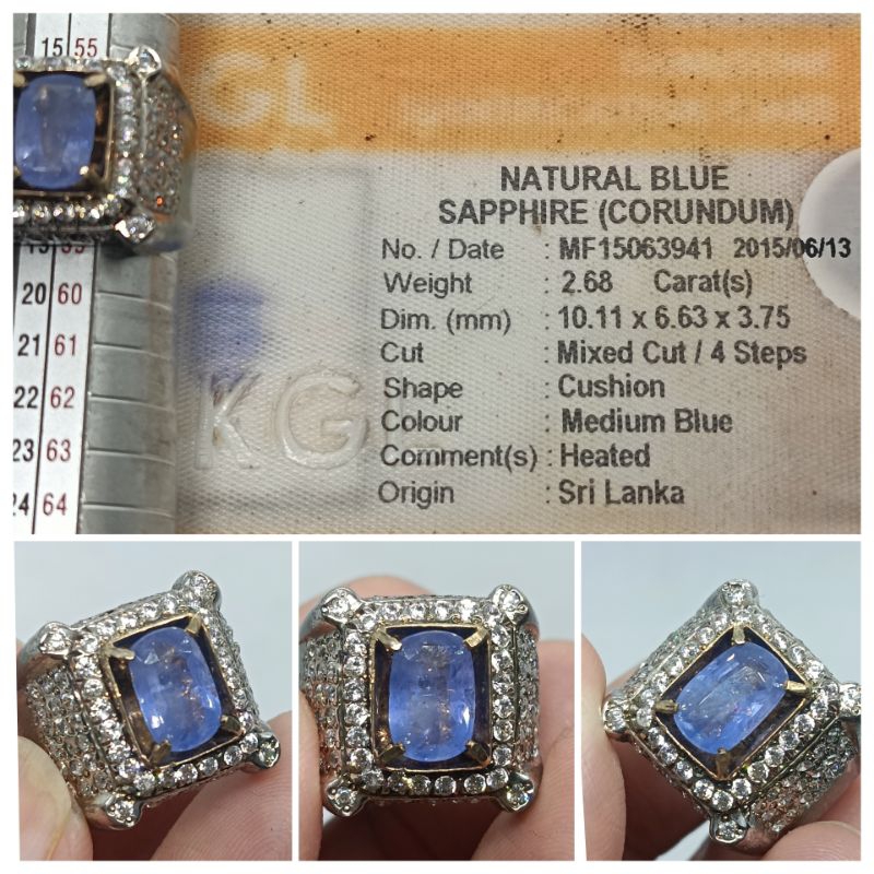 Natural Blue Sapphire Ceylon 2,6ct memo KGL Safir SriLanka Top Luster Ring Perak Mewah