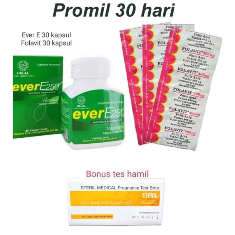 (ADA HADIAH) Paket Promil 30hari Ever E 250IU isi 30 kapsul - Folavit 400mcg - HADIAH Testpack 1 str