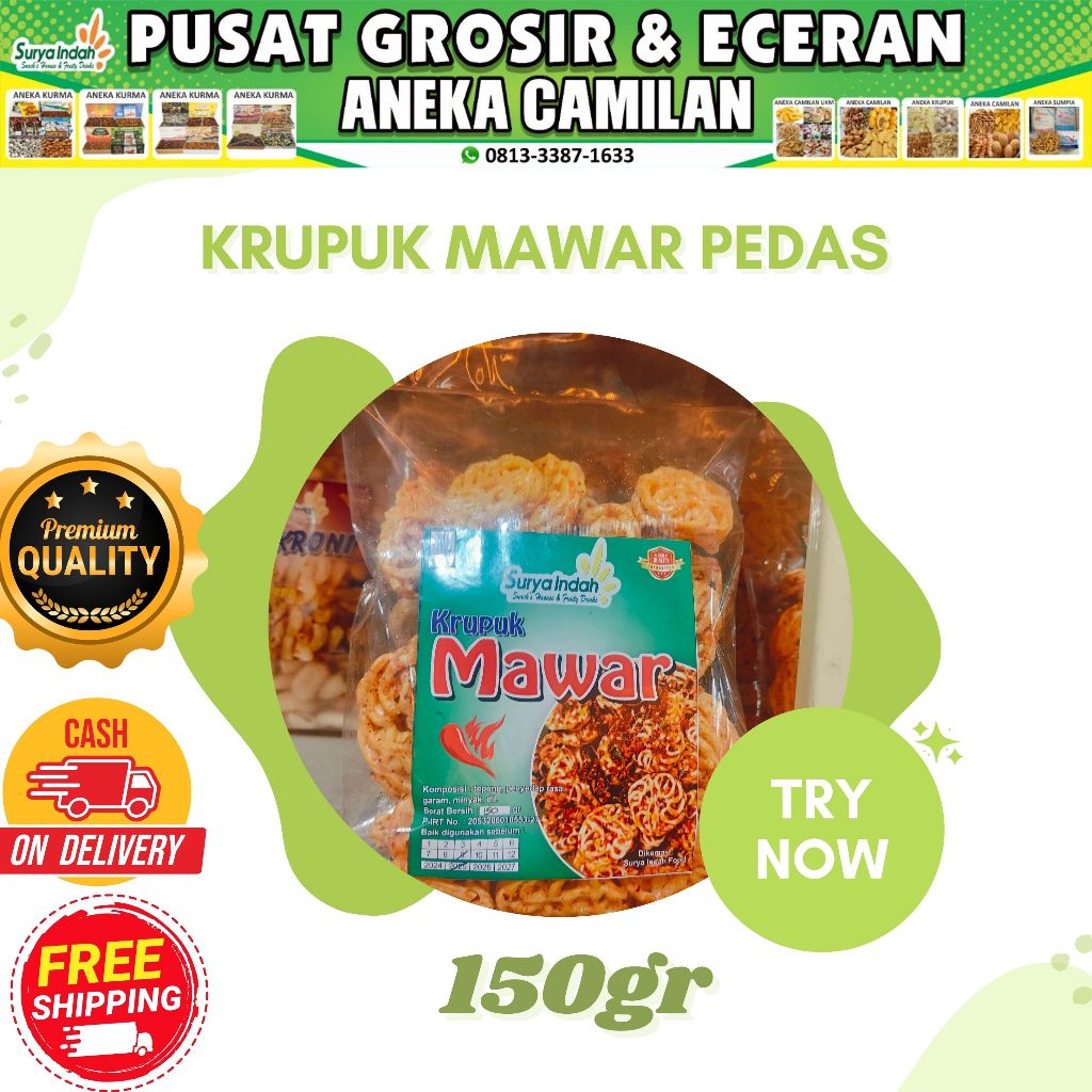 

Krupuk Mawar Pedas packing 150gr Renyeh Enak Surya Indah Jombang