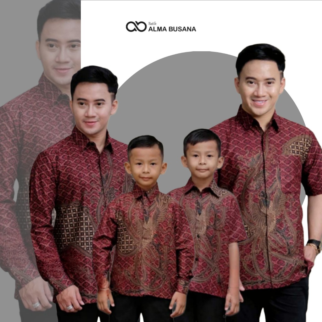 Kemeja Batik Anak Laki Laki Lengan Panjang Warna Merah Maroon Burgundy Batik Ayah dan Anak Laki Laki