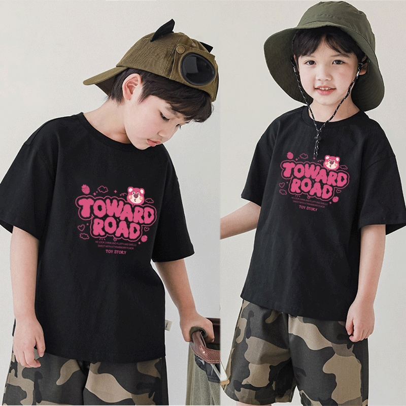 korea style Hitam cocobaby t shirt cotton Kaos Atasan Anak laki-laki Perempuan | Beruang Strawberry 