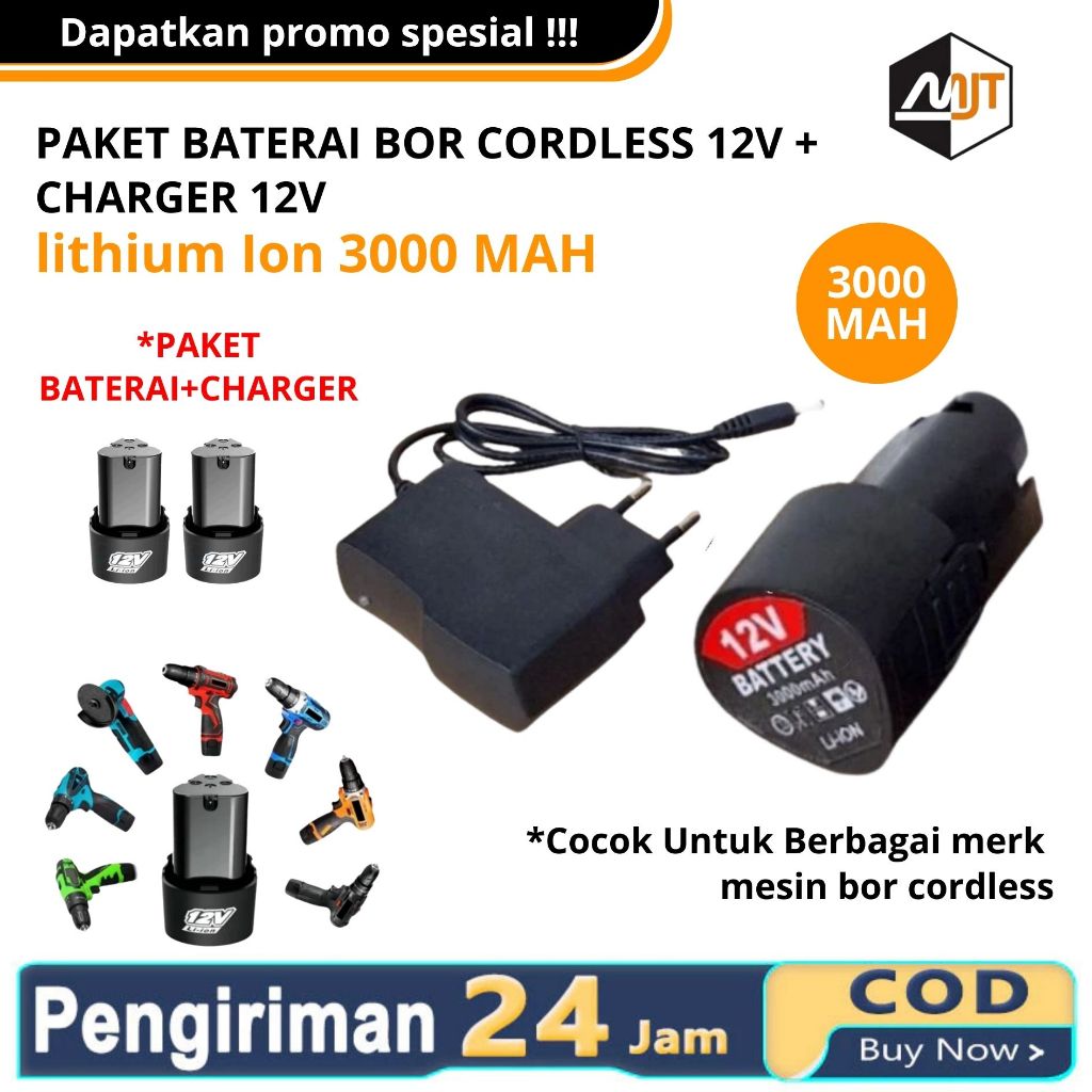 Baterai Mesin Bor Cas 12 Volt 1300mAh Cordless Drill+Charger/baterai lithium yang dapat diisi ulang