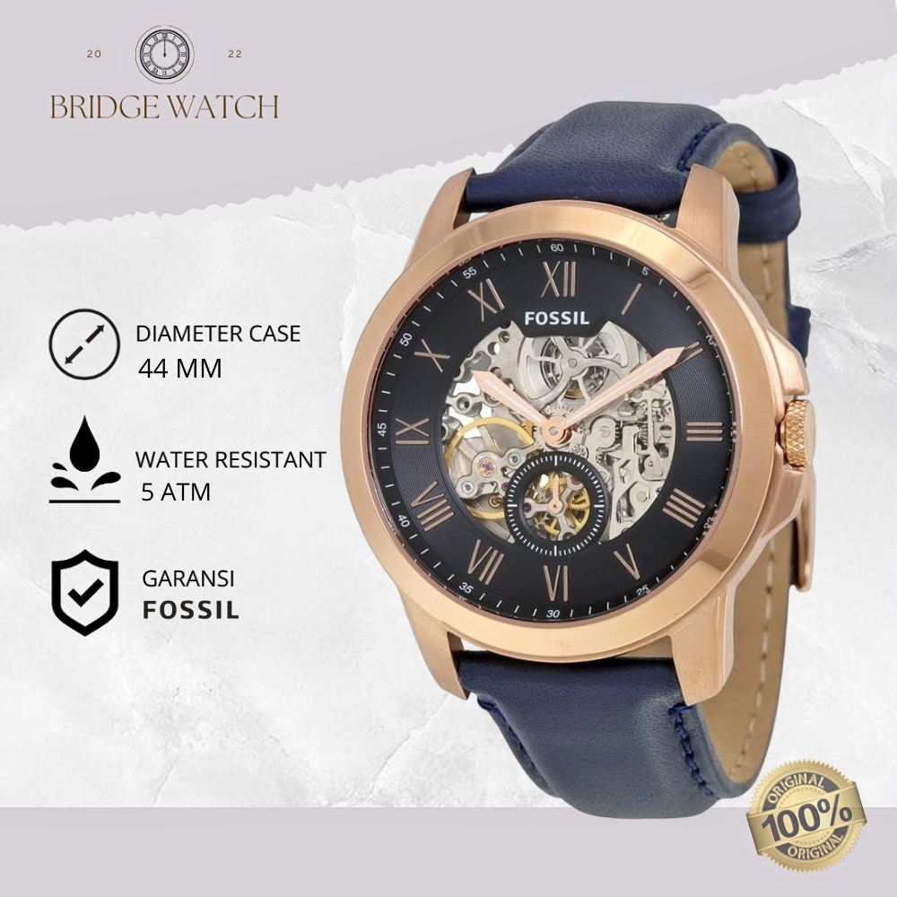 Jam Tangan Pria Fossil Automatic Pria Grant Analog Strap Kulit Cowok Blue Leather Strap Water Resist