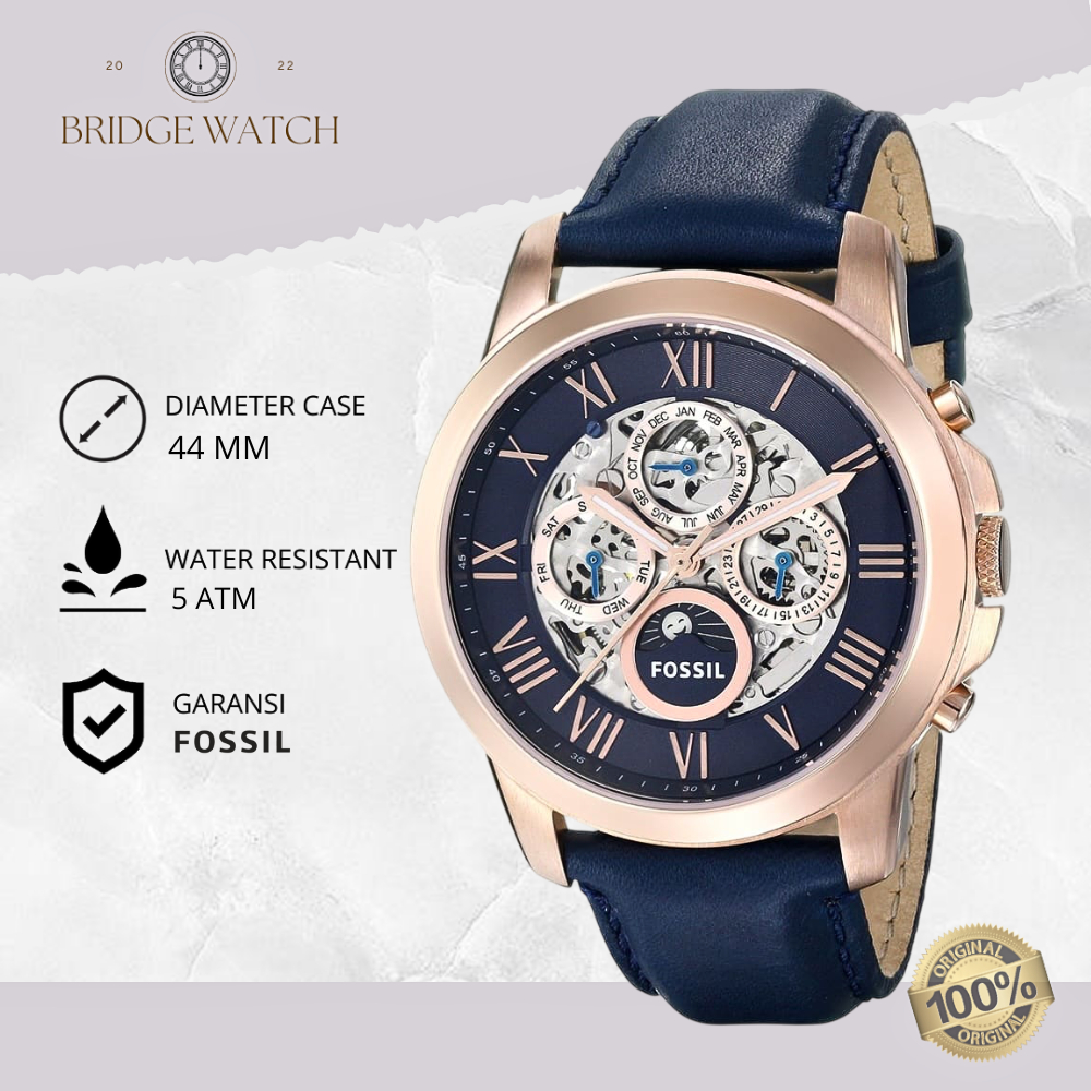 Jam Tangan Pria Fossil Original ME3029 Grant Analog Leather Strap Kulit Cowok Blue Navy Automatic Mo