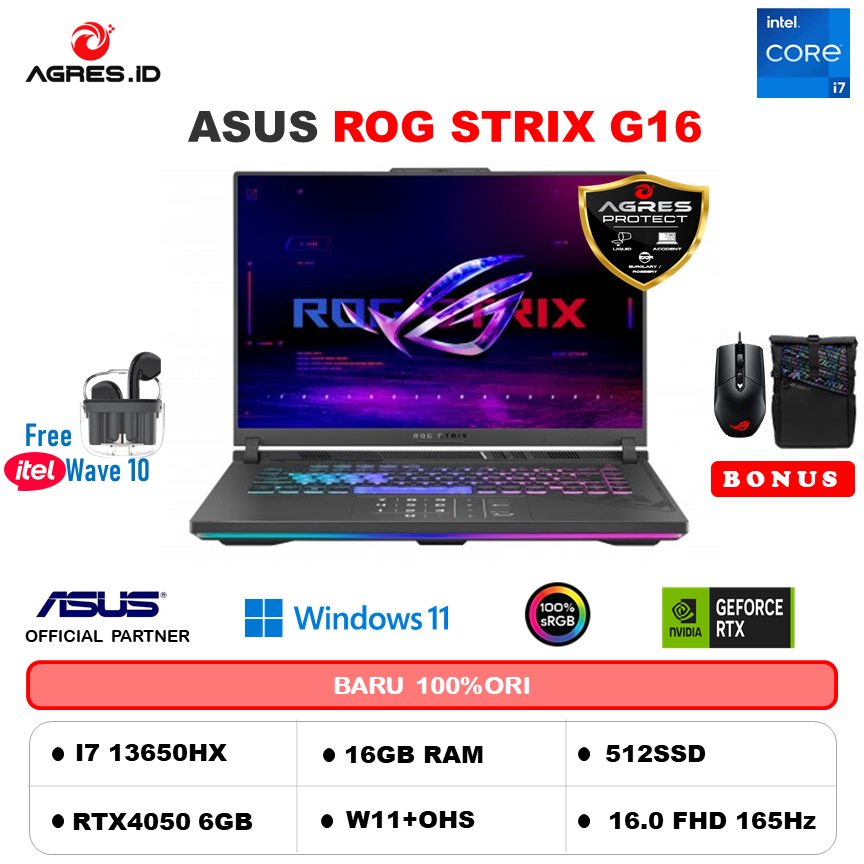 ASUS ROG STRIX G16 G614JU I7 13650HX RTX4050 6GB/ 16GB 512GB W11+OHS 16.0FHD 165HZ 4ZRGB (BOX MOU) G