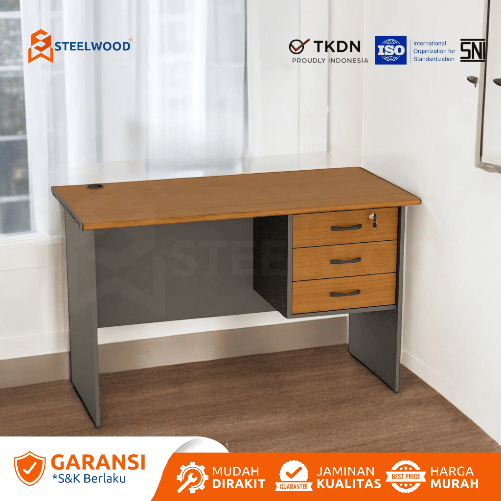 STEELWOOD ||  MEJA KAYU KANTOR 1/2 BIRO 3 LACI/MEJA KERJA KARYAWAN/MEJA KAYU/LACI MEJA KAYU KOKOH