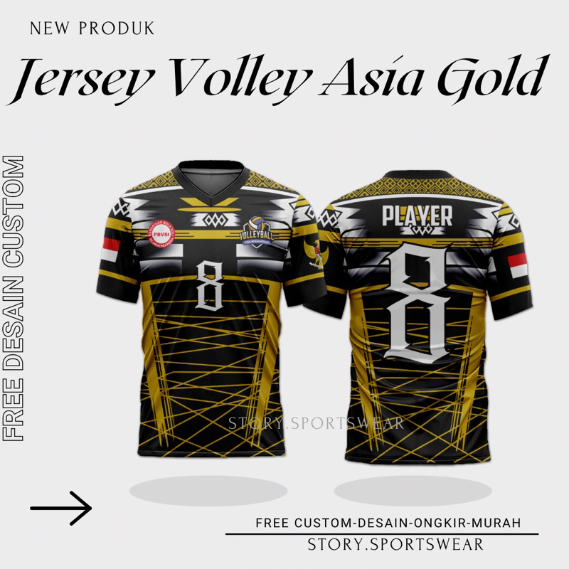Baju Kaos Jersey Voli Asia Gold Free Nama & No Full Printing Pria Wanita