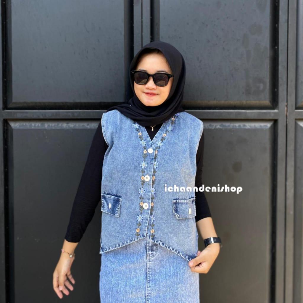 Vest Avena Jeans Bordir Flower Bigsize Atasan Rompi Wanita Jumbo Korean Style