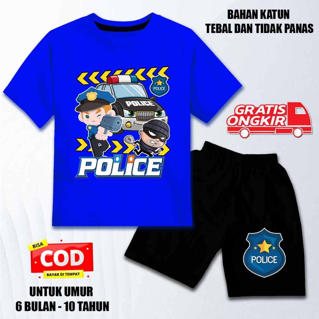 Setelan lengan pendek anak laki laki perempuan set baju kaos anak katun celana hitam polisi