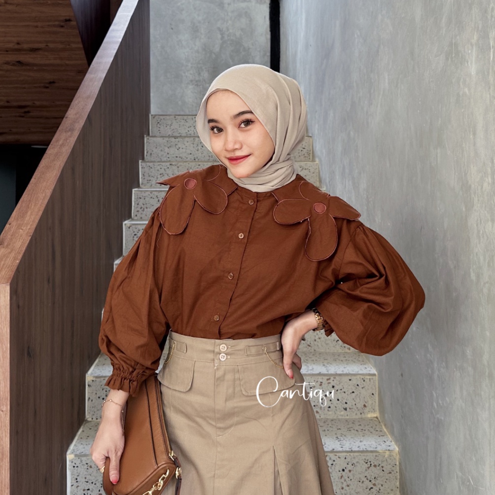 Promo Cantiqu  Blouse Linen Bordir Bunga Daisy Kemeja Atasan Fashion Muslim Wanita