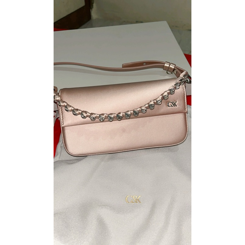CK Goldie satin front flap gem-strap bag Noir Pink