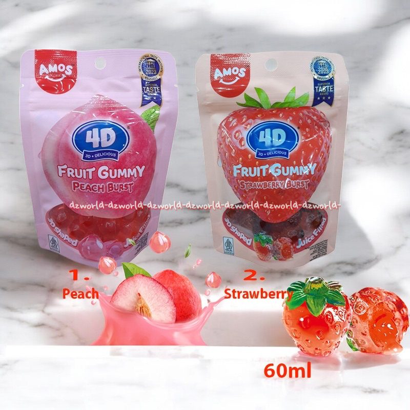 

Amos 4D 60gr Fruit Gummy Peach Burst Jelly Burst Rasa Buah Stroberi Buah Peach Segar Bebas Gluten