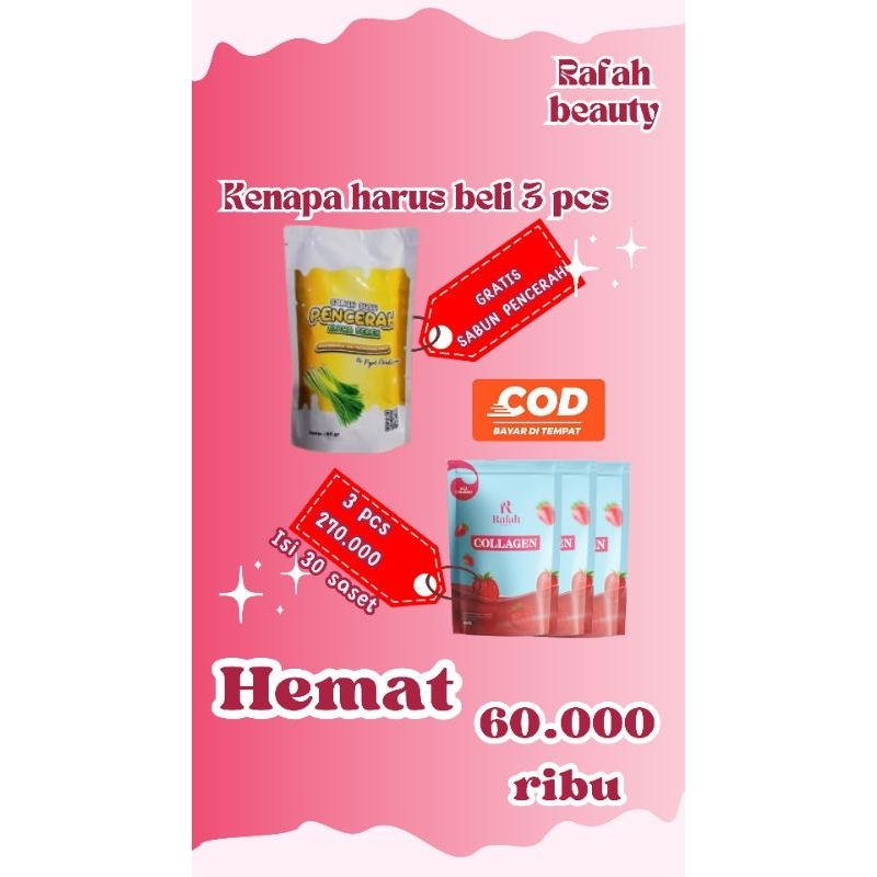 

[FREE SABUN ] 3 PCS RAFAH COLLAGEN DRINK/ MINUMAN PEMUTIH BADAN