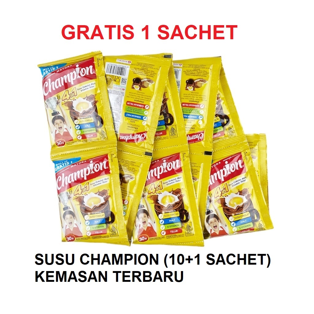 

(GRATIS 1 SACHET) Susu CHAMPION Minuman Cokelat 30 gram Renceng isi 10+1 Sachet