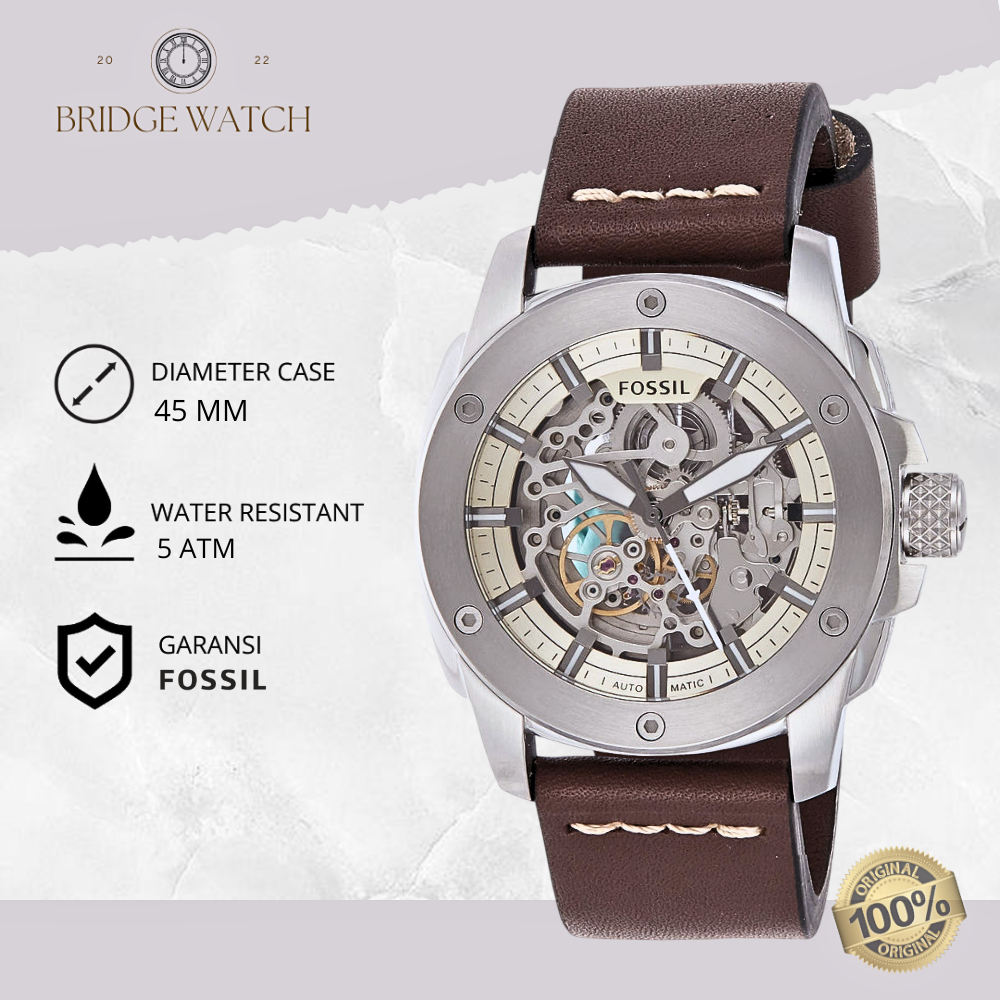 Jam Tangan Fossil Cowok Automatic Machine Analog Leather Strap Pria Skeleton Dial Brown Strap Kulit 